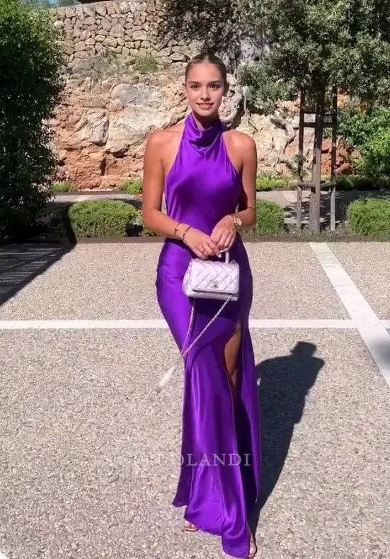 Luolandi Elegant Halter Backless Long Formal Prom Dress Sleeveless Simple Party Evening Gown With Slit Women Maxi Dress