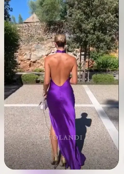 Luolandi Elegant Halter Backless Long Formal Prom Dress Sleeveless Simple Party Evening Gown With Slit Women Maxi Dress