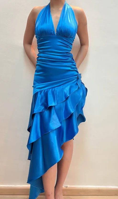 Luolandi Elegant Halter Blue Satin Sleeveless Ruffle Party Prom Dress Chic Wedding Guest Party Dress
