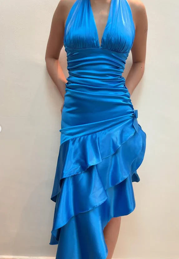Luolandi Elegant Halter Blue Satin Sleeveless Ruffle Party Prom Dress Chic Wedding Guest Party Dress
