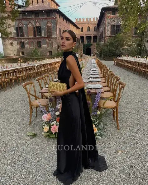 Luolandi Elegant Halter Sleeveless Green Satin Long Formal Prom Dress Fashion Party Evening Gowns Women's Wedding Guest Dress