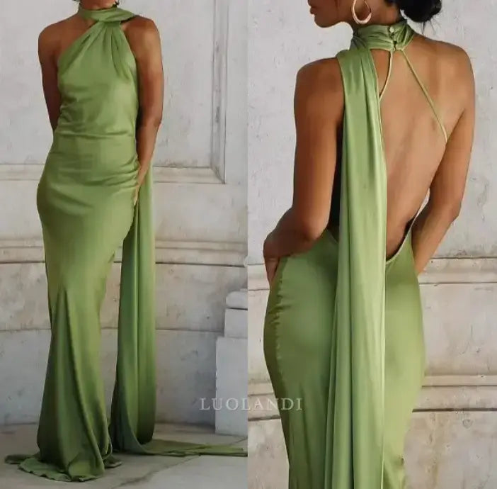 Luolandi Elegant Halter Sleeveless Green Satin Long Formal Prom Dress Fashion Party Evening Gowns Women's Wedding Guest Dress