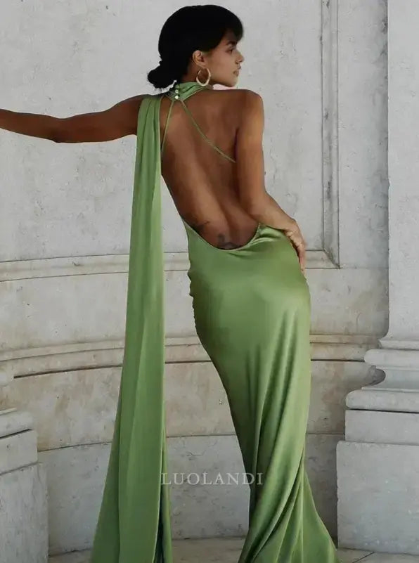 Luolandi Elegant Halter Sleeveless Green Satin Long Formal Prom Dress Fashion Party Evening Gowns Women's Wedding Guest Dress
