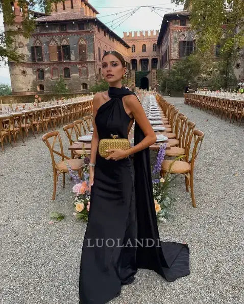 Luolandi Elegant Halter Sleeveless Green Satin Long Formal Prom Dress Fashion Party Evening Gowns Women's Wedding Guest Dress