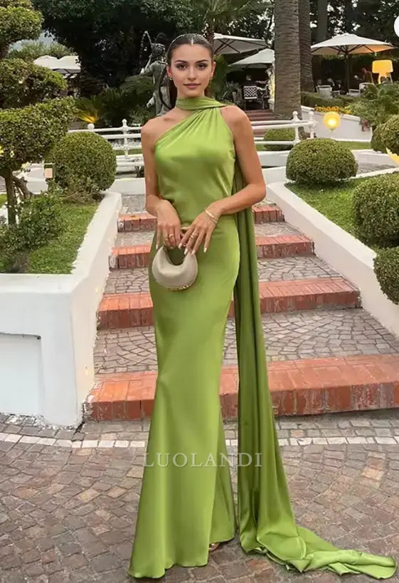 Luolandi Elegant Halter Sleeveless Satin Long Formal Prom Dress Fashion Evening Gowns Women's Wedding Guest Party Dress