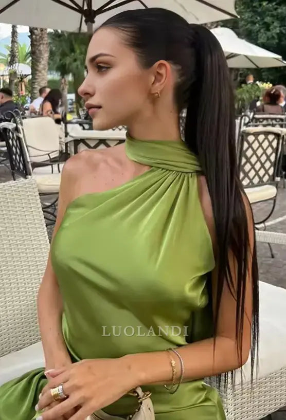 Luolandi Elegant Halter Sleeveless Satin Long Formal Prom Dress Fashion Evening Gowns Women's Wedding Guest Party Dress