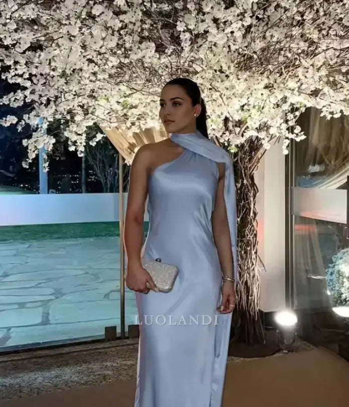 Luolandi Elegant Halter Sleeveless Satin Long Formal Prom Dress Fashion Evening Gowns Women's Wedding Guest Party Dress