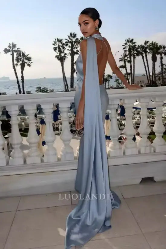 Luolandi Elegant Halter Sleeveless Satin Long Formal Prom Dress Fashion Evening Gowns Women's Wedding Guest Party Dress