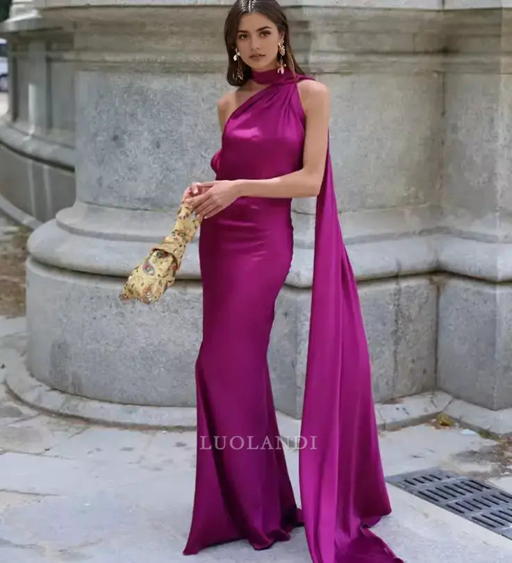 Luolandi Elegant Halter Sleeveless Satin Long Formal Prom Dress Fashion Evening Gowns Women's Wedding Guest Party Dress
