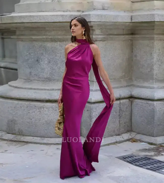 Luolandi Elegant Halter Sleeveless Satin Long Formal Prom Dress Fashion Evening Gowns Women's Wedding Guest Party Dress