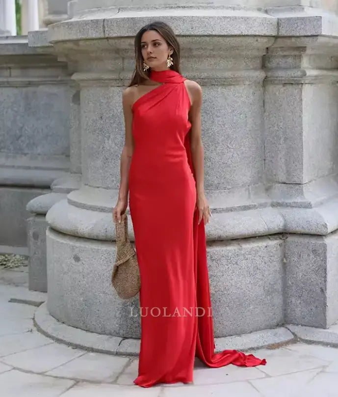 Luolandi Elegant Halter Sleeveless Satin Long Formal Prom Dress Fashion Evening Gowns Women's Wedding Guest Party Dress