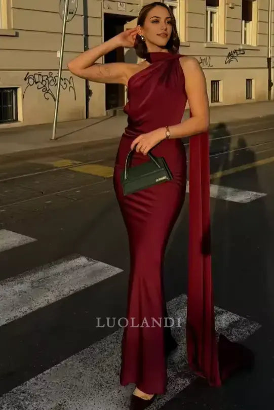 Luolandi Elegant Halter Sleeveless Satin Long Formal Prom Dress Fashion Evening Gowns Women's Wedding Guest Party Dress