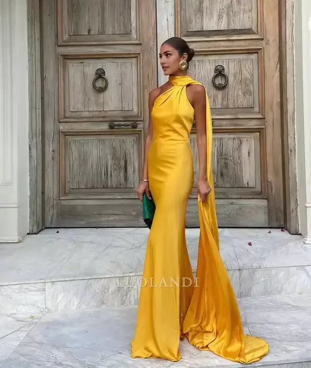 Luolandi Elegant Halter Sleeveless Satin Long Formal Prom Dress Fashion Party Evening Gowns Women's Wedding Guest Dress