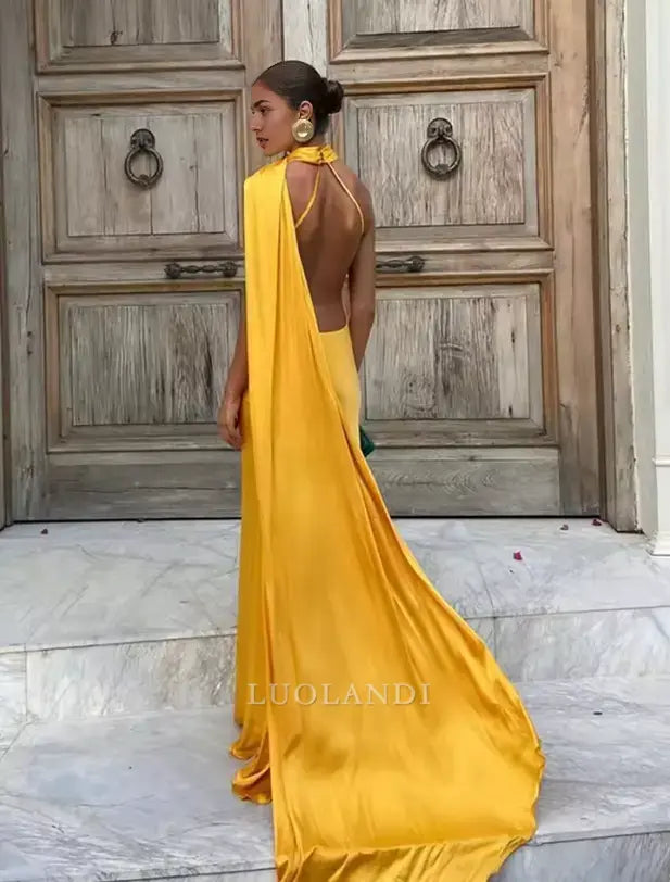 Luolandi Elegant Halter Sleeveless Satin Long Formal Prom Dress Fashion Party Evening Gowns Women's Wedding Guest Dress