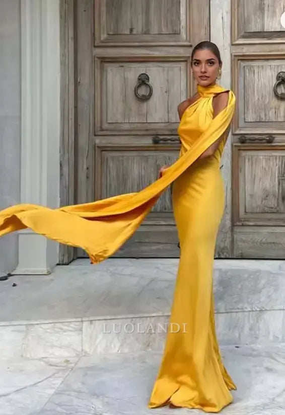 Luolandi Elegant Halter Sleeveless Satin Long Formal Prom Dress Fashion Party Evening Gowns Women's Wedding Guest Dress