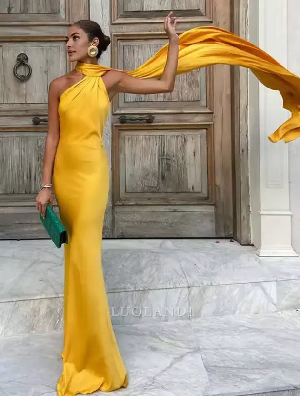 Luolandi Elegant Halter Sleeveless Satin Long Formal Prom Dress Fashion Party Evening Gowns Women's Wedding Guest Dress