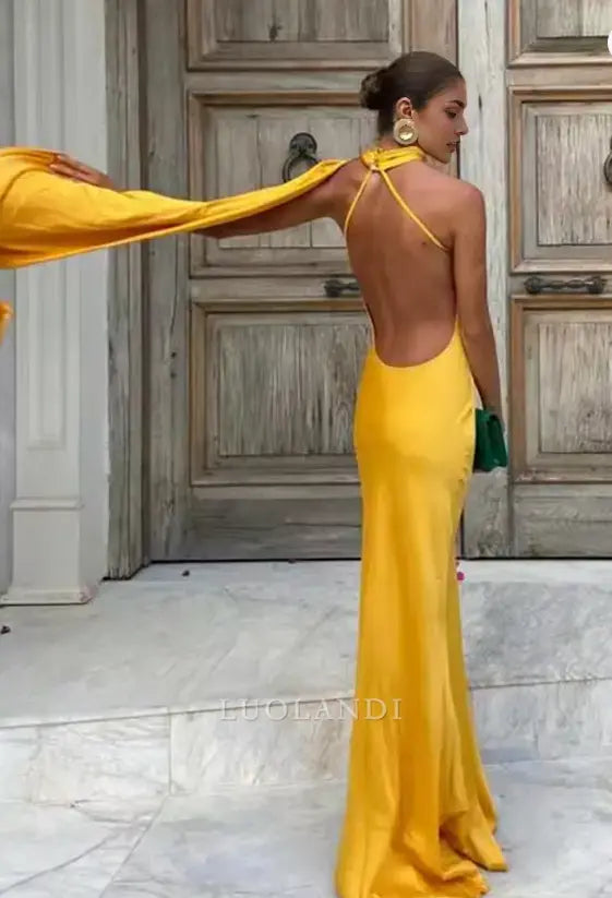 Luolandi Elegant Halter Sleeveless Satin Long Formal Prom Dress Fashion Party Evening Gowns Women's Wedding Guest Dress