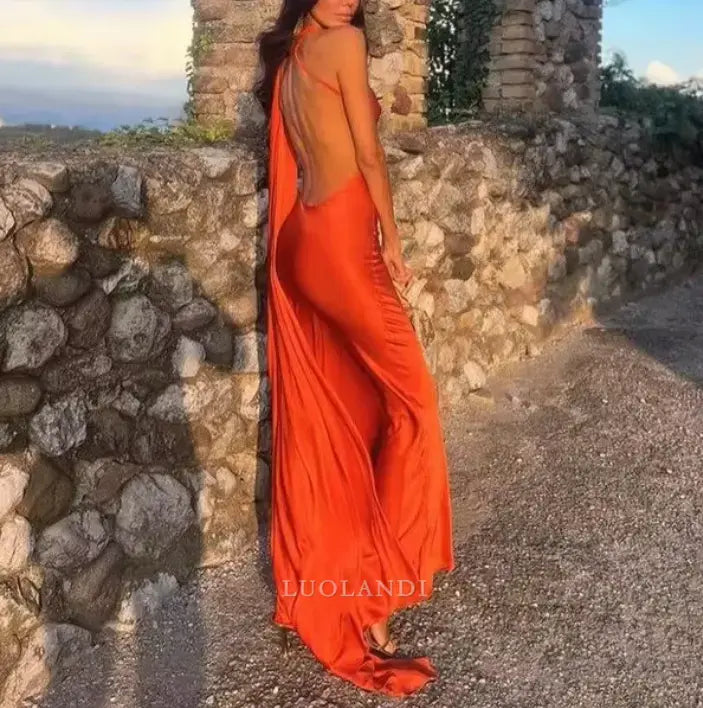 Luolandi Elegant Halter Sleeveless Satin Long Formal Prom Dress Fashion Party Evening Gowns Women's Wedding Guest Dress