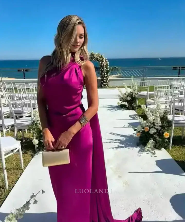 Luolandi Elegant Halter Sleeveless Green Satin Long Formal Prom Dress Fashion Party Evening Gowns Women's Wedding Guest Dress