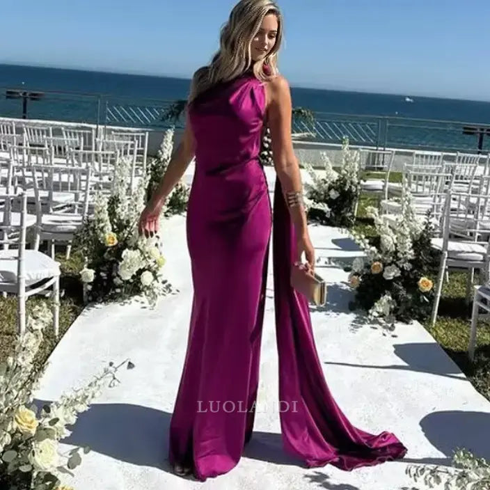 Luolandi Elegant Halter Sleeveless Green Satin Long Formal Prom Dress Fashion Party Evening Gowns Women's Wedding Guest Dress