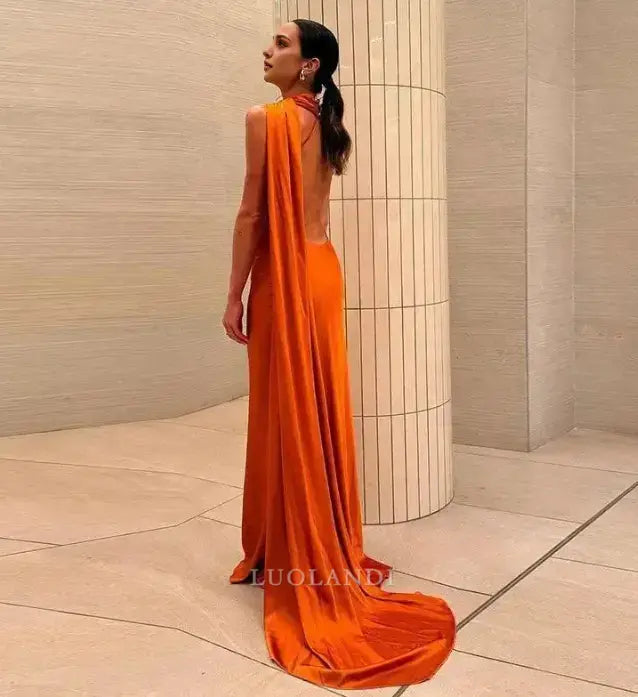 Luolandi Elegant Halter Sleeveless Satin Long Formal Prom Dress Fashion Party Evening Gowns Women's Wedding Guest Dress