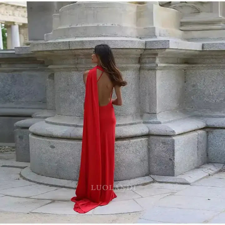 Luolandi Elegant Halter Sleeveless Satin Long Formal Prom Dress Fashion Evening Gowns Women's Wedding Guest Party Dress