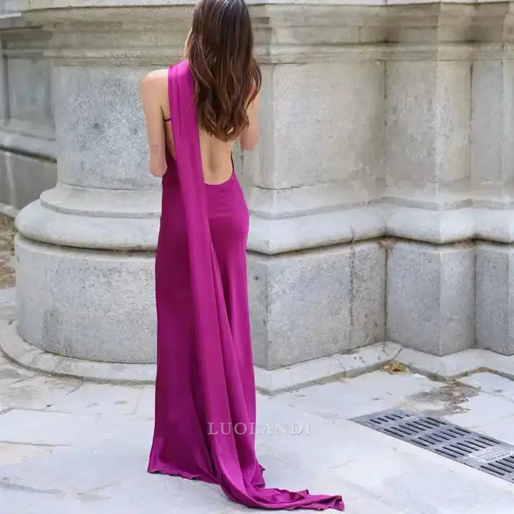 Luolandi Elegant Halter Sleeveless Satin Long Formal Prom Dress Fashion Evening Gowns Women's Wedding Guest Party Dress