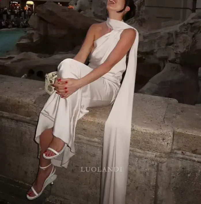 Luolandi Elegant Halter Sleeveless Green Satin Long Formal Prom Dress Fashion Party Evening Gowns Women's Wedding Guest Dress