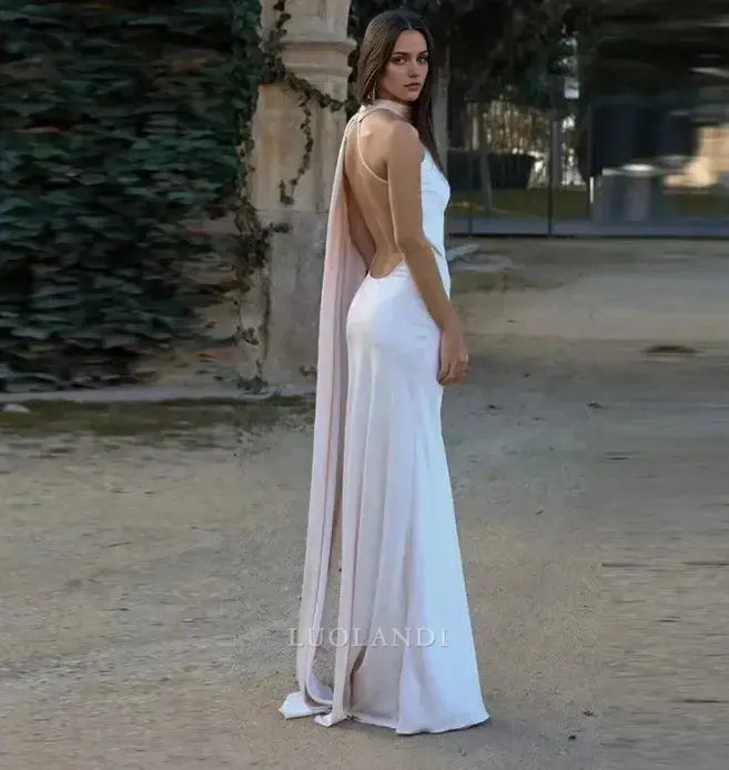 Luolandi Elegant Halter Sleeveless Satin Long Formal Prom Dress Fashion Evening Gowns Women's Wedding Guest Party Dress