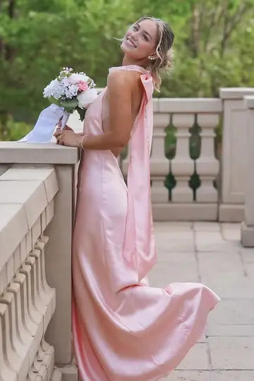 Luolandi Elegant High Neck Backless Sleeveless Satin Graduation Dress Cute Long Party Prom Dress