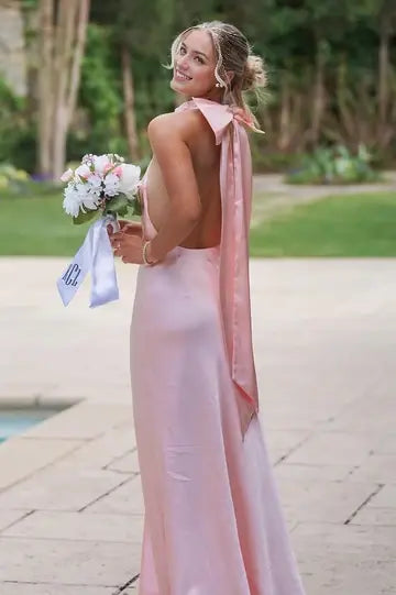 Luolandi Elegant High Neck Backless Sleeveless Satin Graduation Dress Cute Long Party Prom Dress