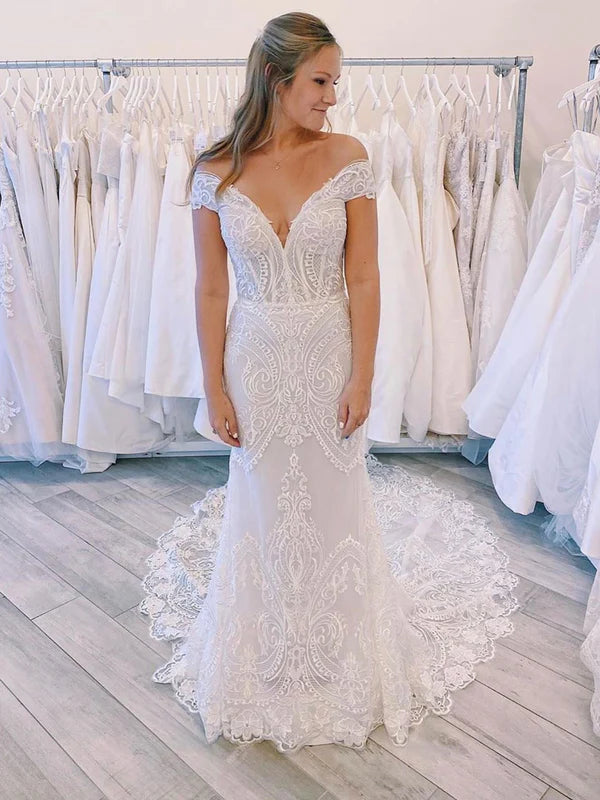 Luolandi Elegant Lace Appliuqed Off-the-shoulder Neckline Court Train Bridal Gown Mermaid Wedding Dresses Beautiful