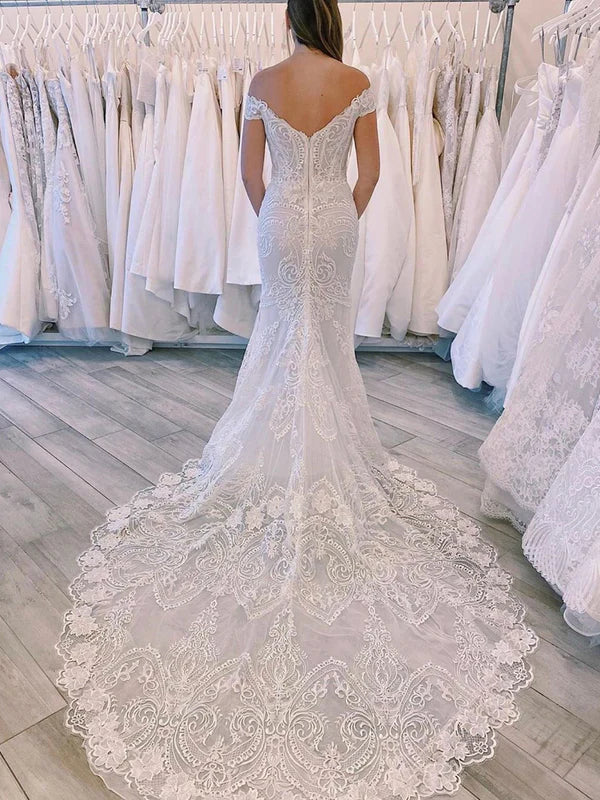 Luolandi Elegant Lace Appliuqed Off-the-shoulder Neckline Court Train Bridal Gown Mermaid Wedding Dresses Beautiful