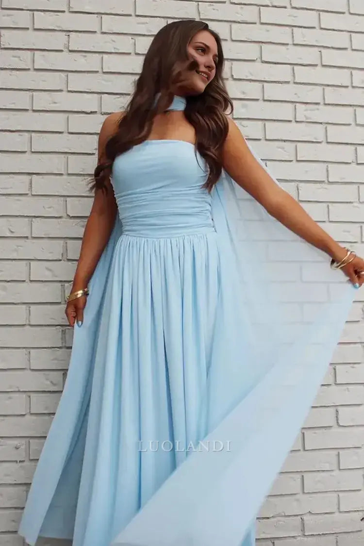 Luolandi Elegant Light Blue A-Line Strapless Chiffon Pleated Long Formal Prom Dress Sweet Wedding Guest Dress Charming Party Evening Gowns