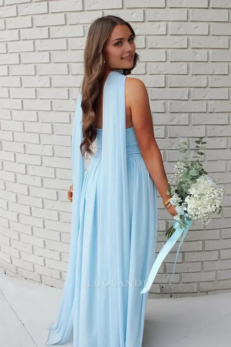 Luolandi Elegant Light Blue A-Line Strapless Chiffon Pleated Long Formal Prom Dress Sweet Wedding Guest Dress Charming Party Evening Gowns