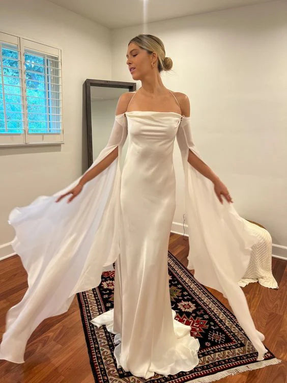 Luolandi Elegant Long Wedding Dresses Open Back Simple Bridal Gown With Detachable Flare Sleeves