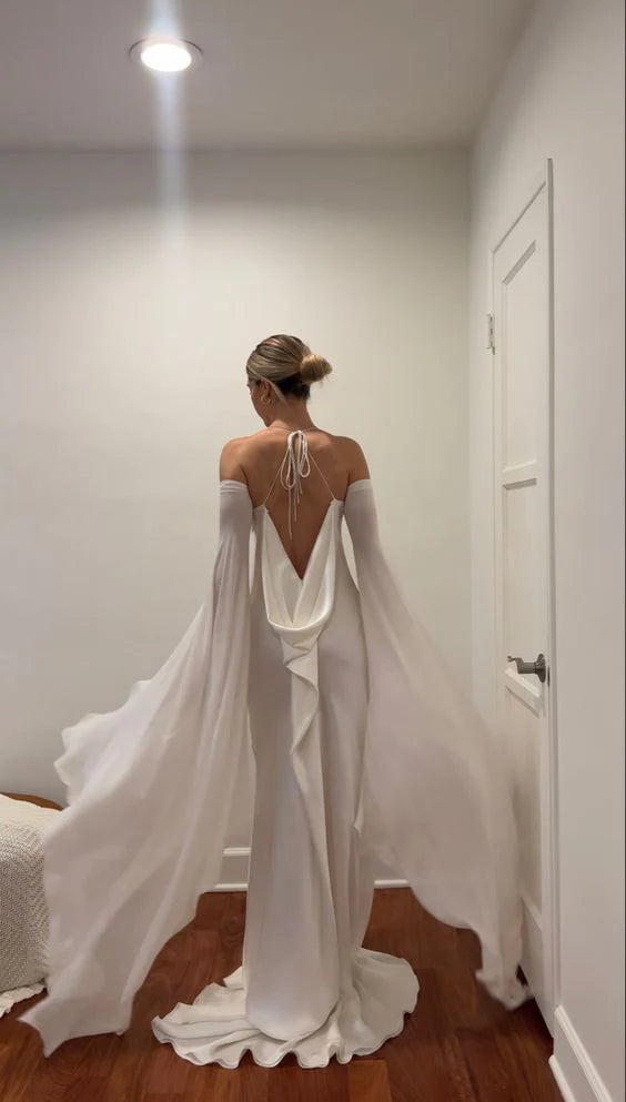 Luolandi Elegant Long Wedding Dresses Open Back Simple Bridal Gown With Detachable Flare Sleeves