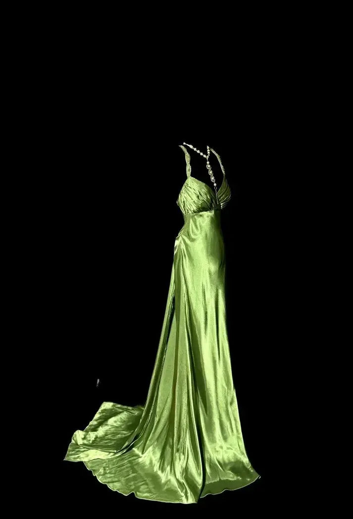 Luolandi Elegant Mermaid Green Satin Sleeveless Evening Party Dress Vintage Long Formal Prom Dress