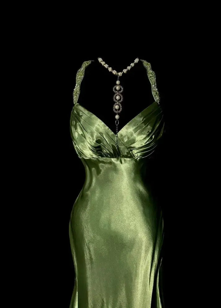 Luolandi Elegant Mermaid Green Satin Sleeveless Evening Party Dress Vintage Long Formal Prom Dress