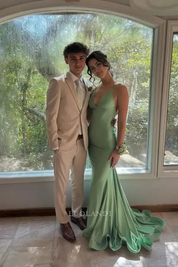 Luolandi Elegant Mermaid Green Satin V-neck Straps Sleeveless Long Formal Prom Dress Sexy Party Evening Gowns Simple Graduation Dress