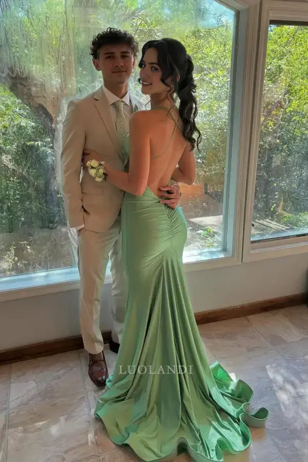Luolandi Elegant Mermaid Green Satin V-neck Straps Sleeveless Long Formal Prom Dress Sexy Party Evening Gowns Simple Graduation Dress