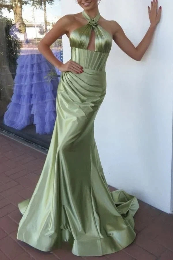 Elegant Mermaid Halter Neck Sleeveless Keyhole Cutout Ruched Satin Gown Women's Formal Dress