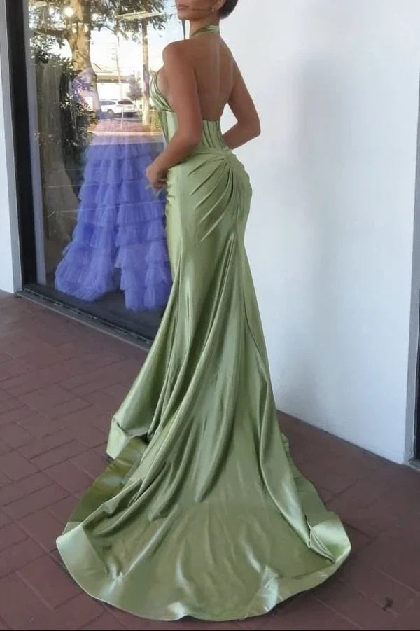 Elegant Mermaid Halter Neck Sleeveless Keyhole Cutout Ruched Satin Gown Women's Formal Dress