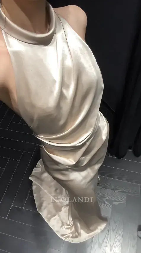 Luolandi Elegant Mermaid Halter Satin Sleeveless Long Formal Prom Dress Fashion Party Evening Gowns Simple Wedding Guest Dress