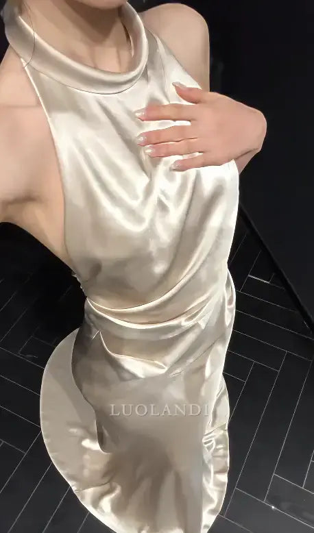Luolandi Elegant Mermaid Halter Satin Sleeveless Long Formal Prom Dress Fashion Party Evening Gowns Simple Wedding Guest Dress