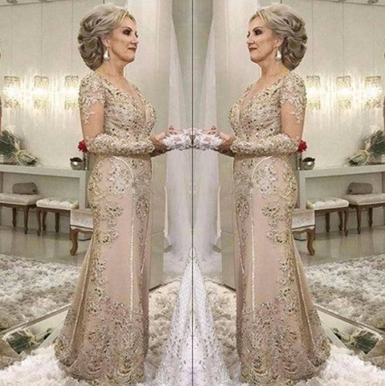 Luolandi Elegant Mermaid Long Sleeves Mother of the Bride Dress Plus Size Wedding Guest Dress with Appliques