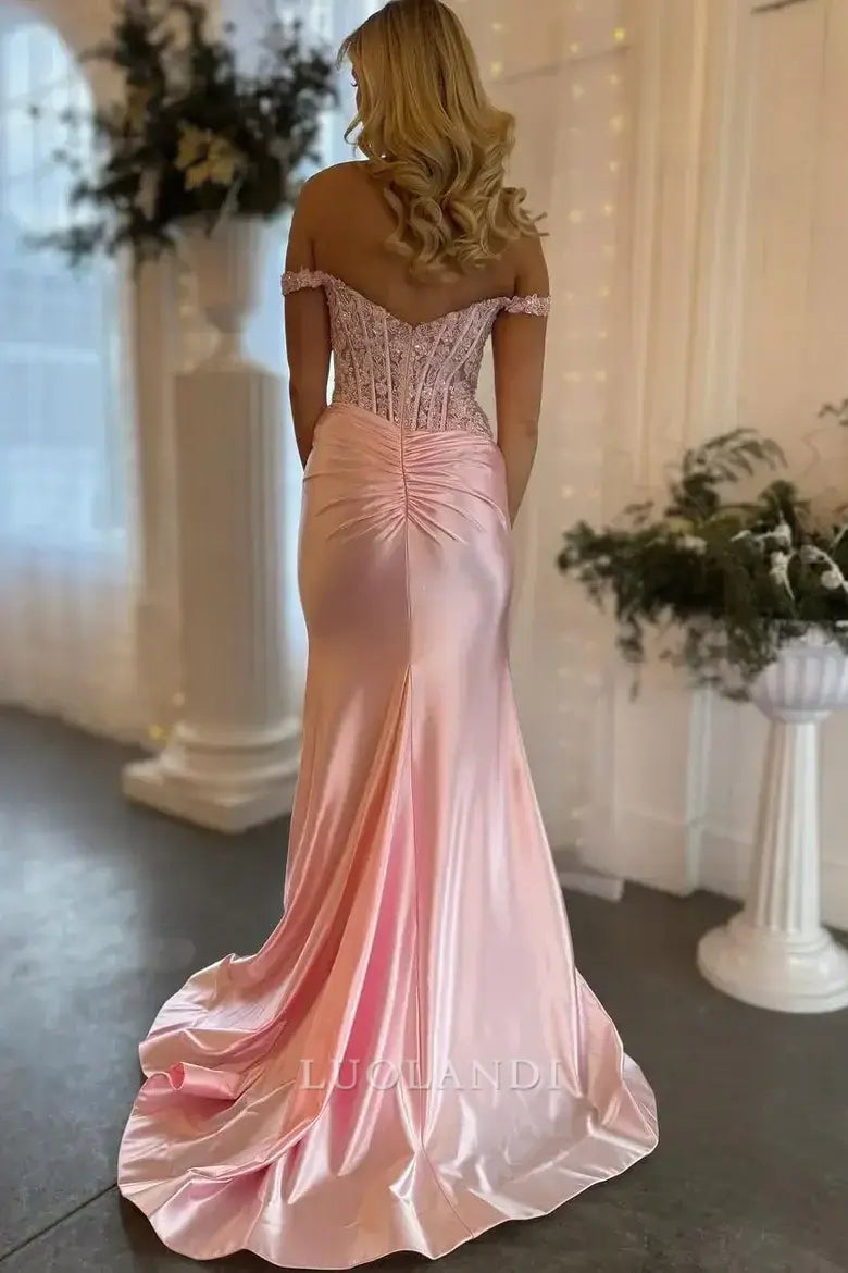 Luolandi Elegant Mermaid Off the Shoulder Long Formal Prom Dress Charming Evening Party Dress with Appliques and Slit