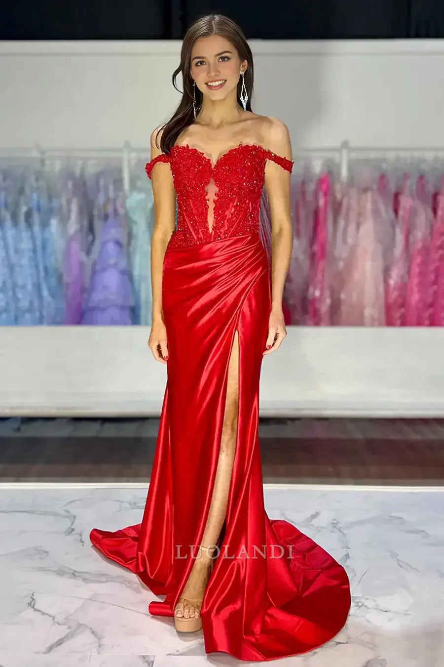 Luolandi Elegant Mermaid Off the Shoulder Long Formal Prom Dress Charming Evening Party Dress with Appliques and Slit