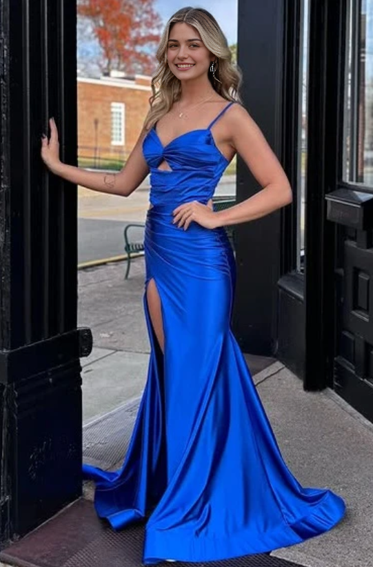 Luolandi Elegant Mermaid Spaghetti Straps Blue Satin Long Formal Prom Dress Pretty Sleeveless Party Evening Gown With Slit