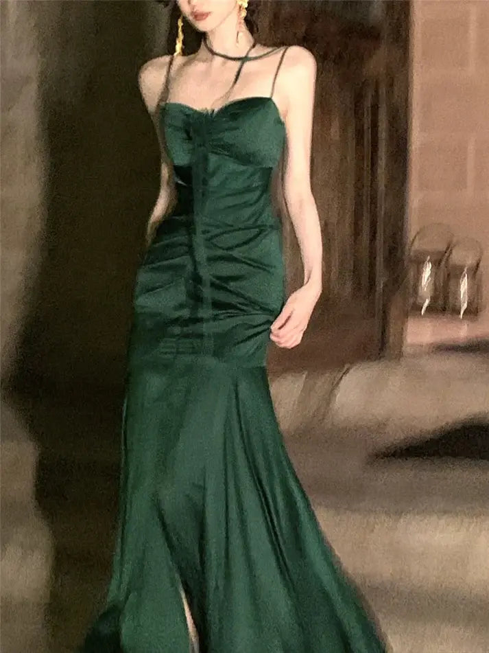 Luolandi Elegant Mermaid Spaghetti Straps Green Satin Party Evening Dress Lovely Prom Dress Stylish Graduation Dress